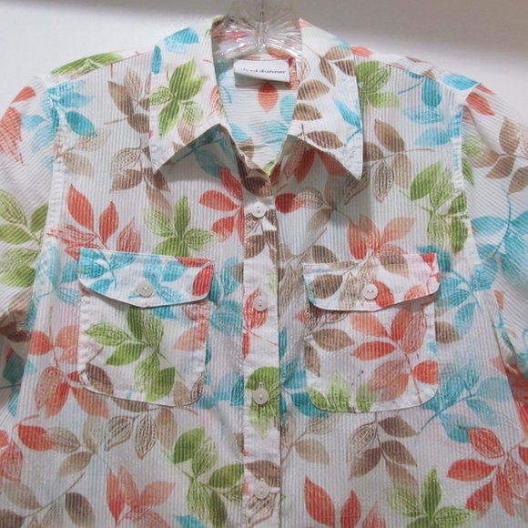 Alfred Dunner Top Shirt Blouse Short Sleeve Button Down Blue Green Orange Leaves - Picture 2 of 14